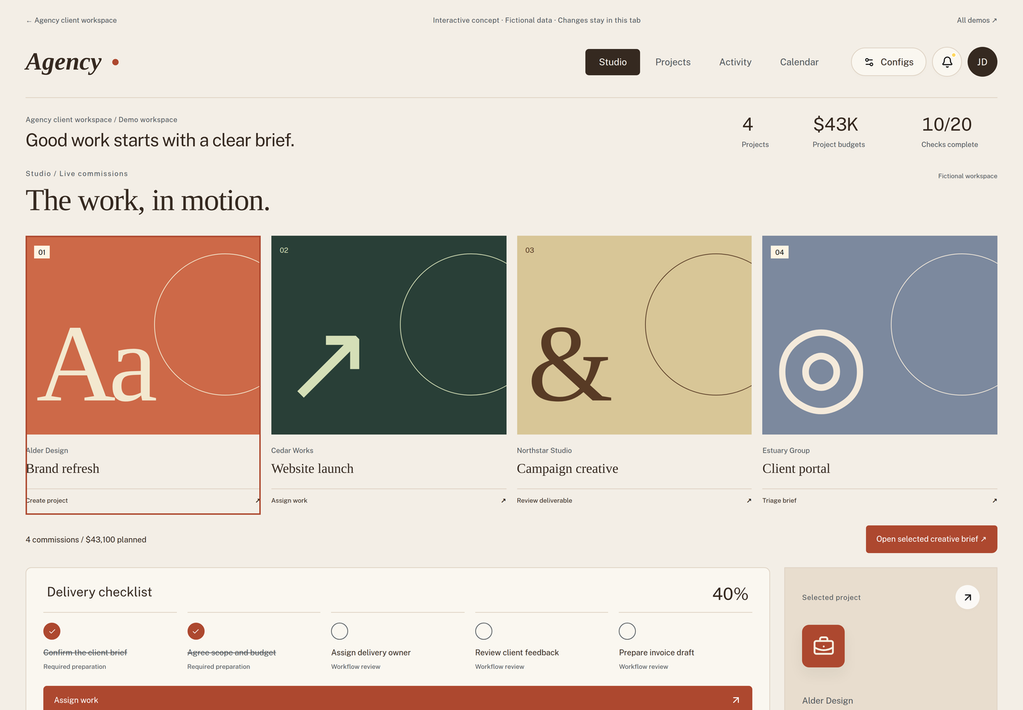 Agency workspace: Interactive interface concept · Fictional records · Not production software