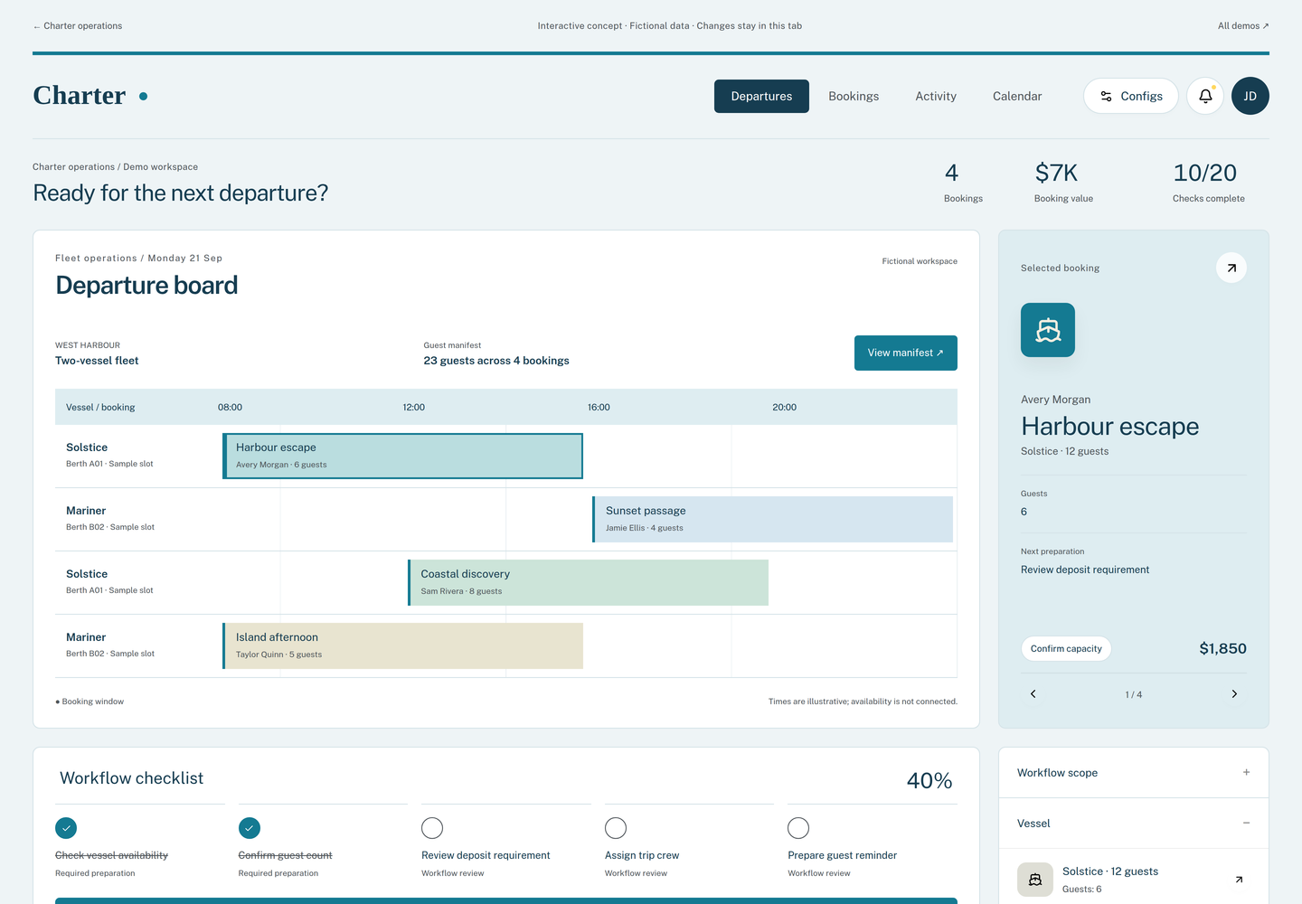 Charter operations: Interactive interface concept · Fictional records · Not production software