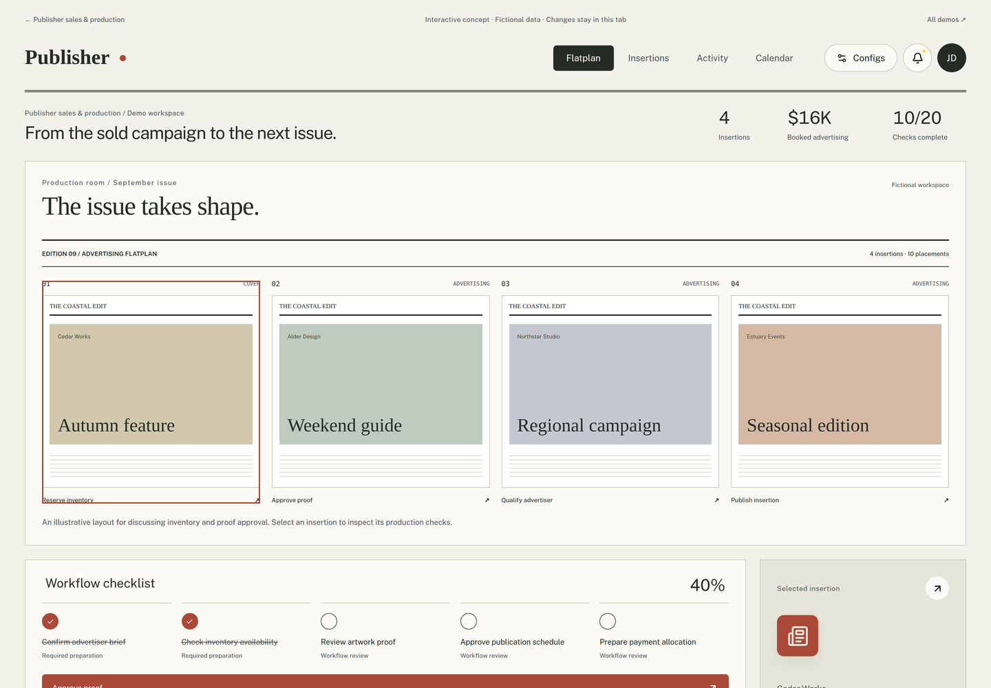 Publisher operations: Interactive interface concept · Fictional records · Not production software